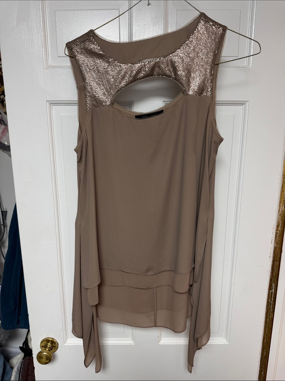 BCBGMaxAzria Taupe Sleeveless Layered Chiffon Top with Metallic Yoke